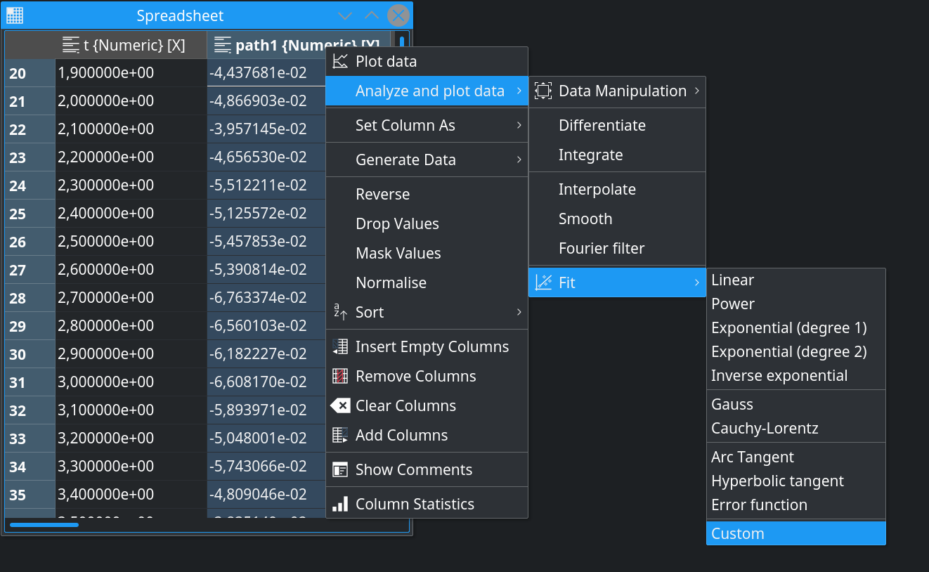 analyze and plot data context menu
